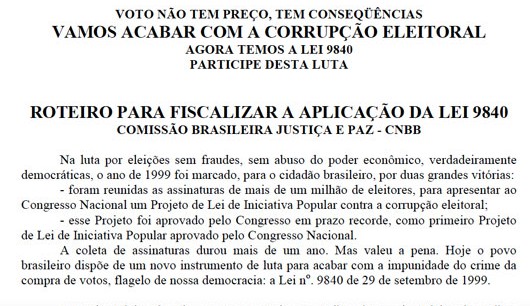 Roteiro para Fiscalizar a Aplicação da Lei 9840 – CNBB 2000 (Cartilha)