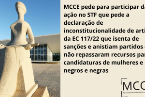 MCCE entra com pedido para atuar como Amicus curiae em ação que pede a declaração de inconstitucionalidade de artigos da EC 117/22 que anistia partidos que não repassaram recursos para candidaturas de mulheres e negros e negras